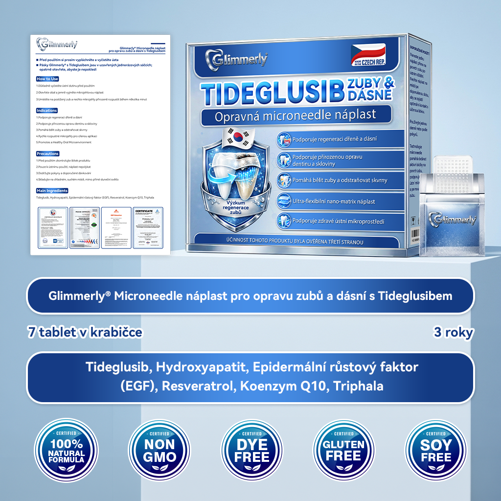 🎊Glimmerly® 🦷Microneedle naplast pro opravu zubi a dasni s Tideglusibem |Pokročilé zubní pásky s aktivací kmenových buněk (obnovuje sklovinu a dentin • posiluje dásně • odstraňuje plak a zápach • zastavuje citlivost zubů) 3.0